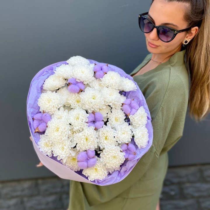  Букет  хризантем и хлопка в Омске