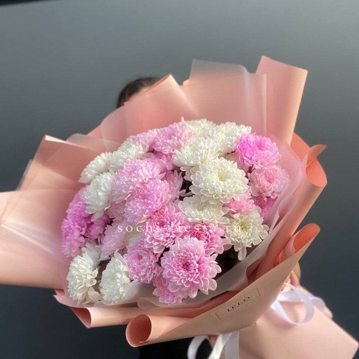  Букет бело-розовых хризантем  в Омске